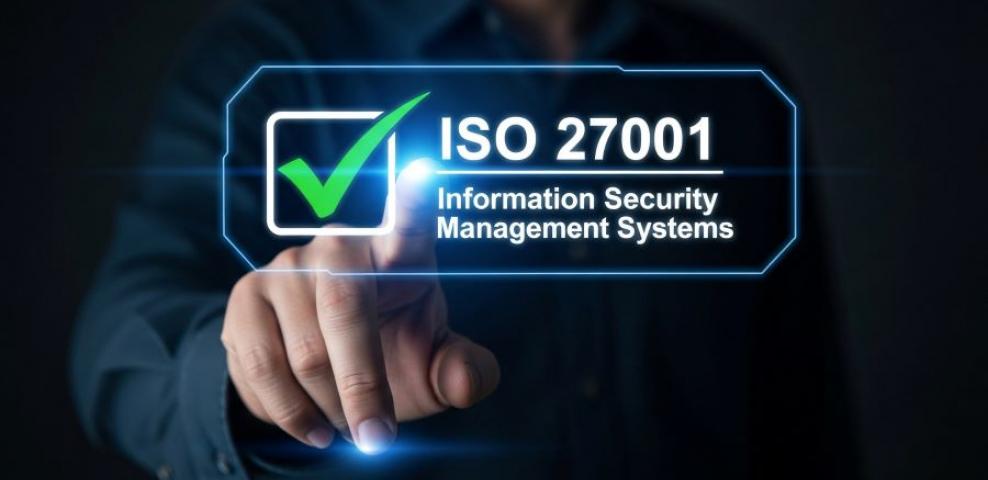 A person hand with ISO 27001 and a check mark