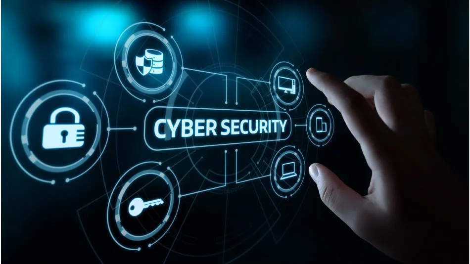 Hand interacting with cybersecurity interface representing data protection and business technology privacy