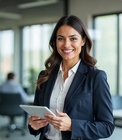 Smiling businesswoman holding a tablet in an office, representing electronic fax as a service solutions
