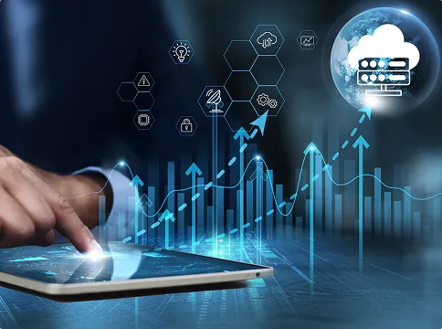 A person using a tablet to interact with a digital dashboard showing data analytics, cloud computing, and a growth chart