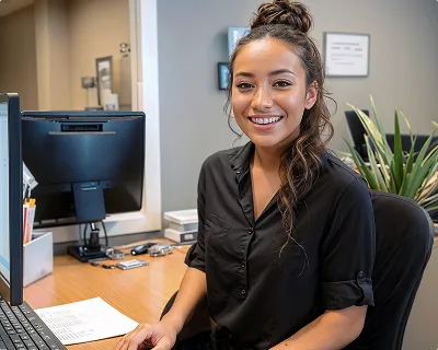 A smiling woman with her hair in a bun sits at a desk in an office