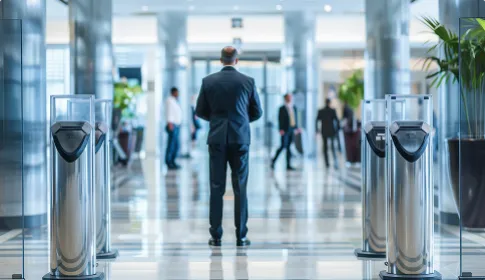 Professional in a suit standing in a modern office lobby, representing business risk mitigation