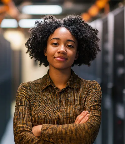 A portrait of a smiling Black woman with curly hair