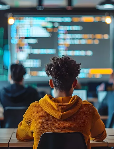 A student wearing a yellow hoodie sits at a desk, looking at a large screen with lines of code