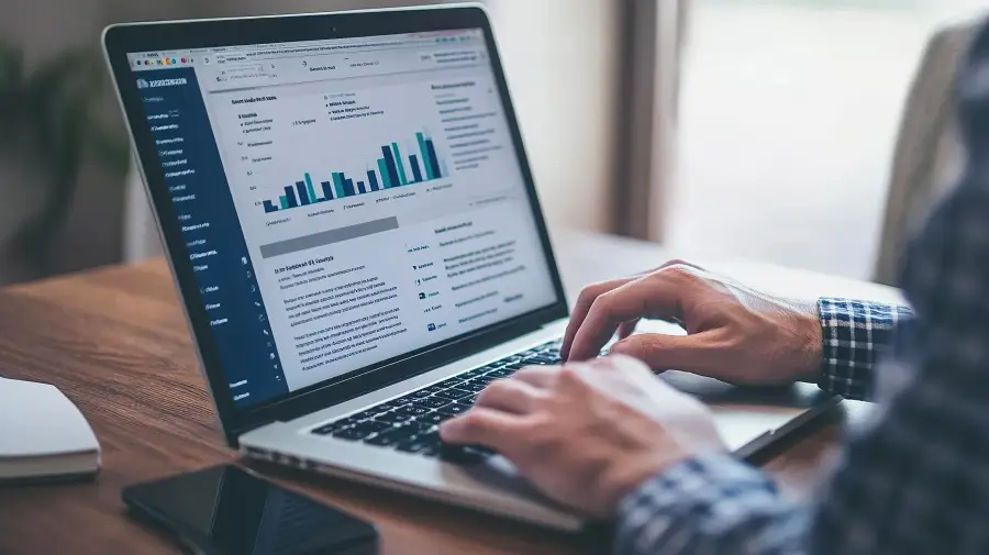 Professional reviewing enterprise IT analytics dashboard with bar charts on a MacBook laptop at a wooden desk.