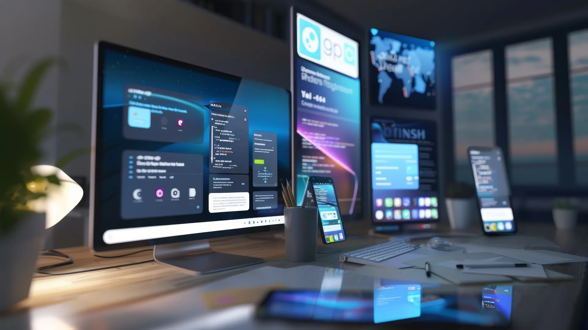 Modern enterprise IT workstation with multiple monitors displaying dashboards; smartphones; and tablets in a professional...