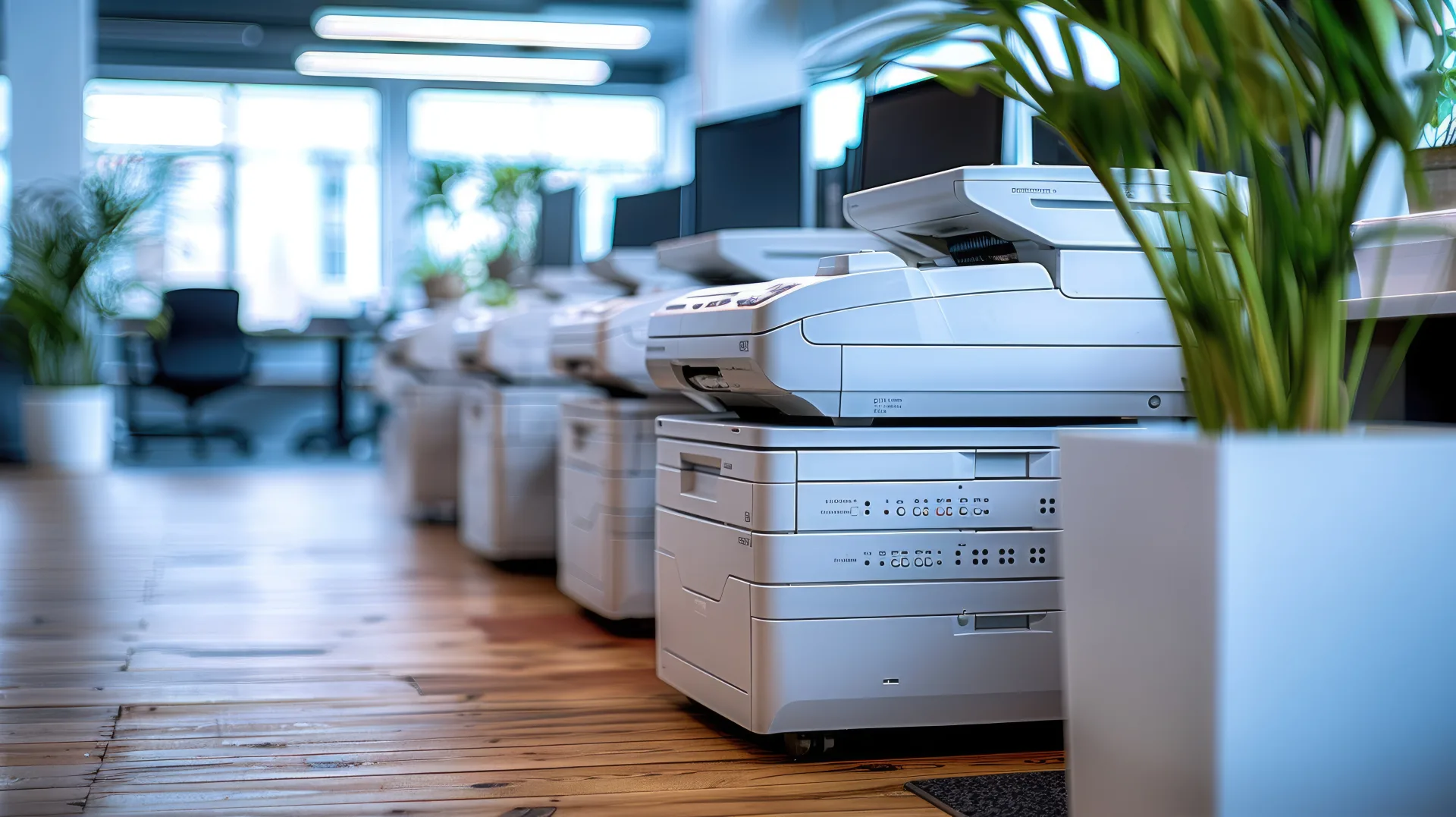Row of white multifunction office printers on hardwood floor in a modern open office with plants and workstations.