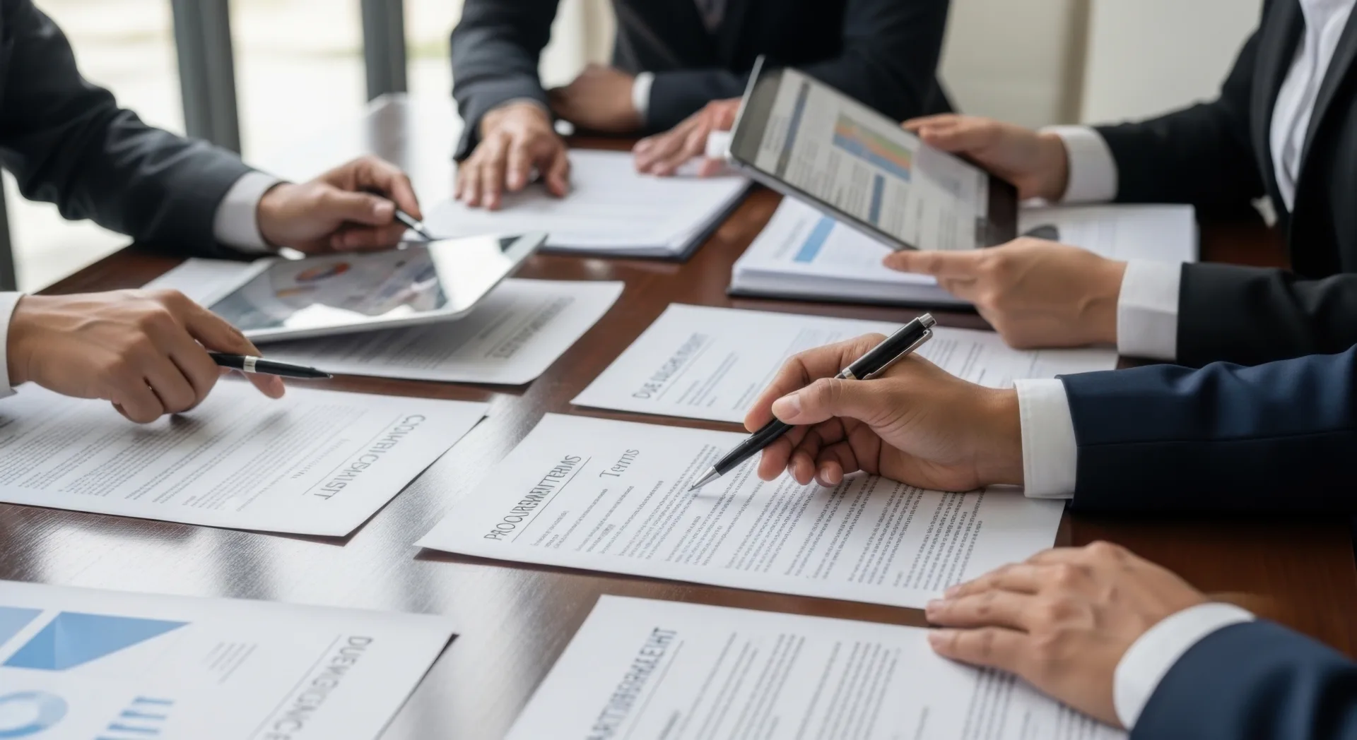 Business professionals reviewing procurement contracts and performance charts during a federal IT services meeting.