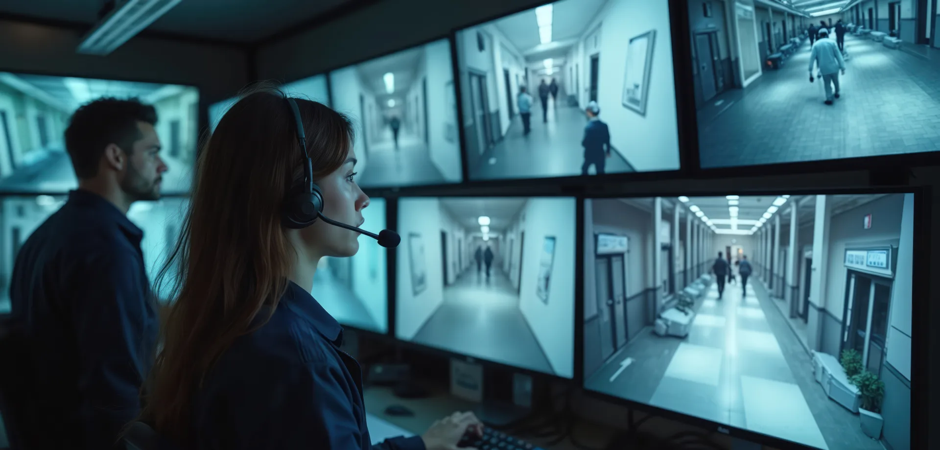 Two security personnel monitor multiple CCTV screens showing facility hallways in a dimly lit operations control room.
