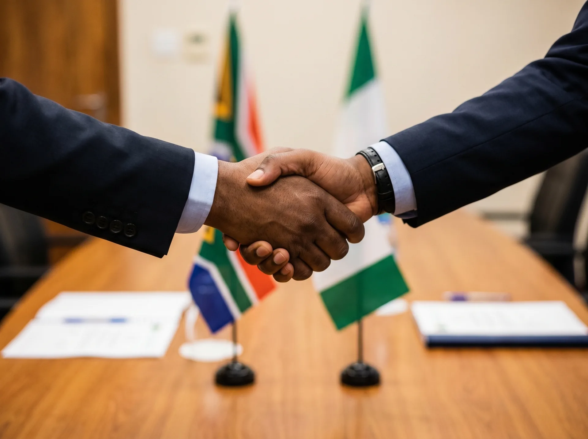 Transcontinental business handshake with combined flags representing South Africa USA bilateral partnership.