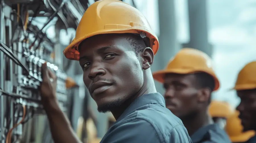 Africa infrastructure project team of field engineers in hard hats deploying technology at implementation site.