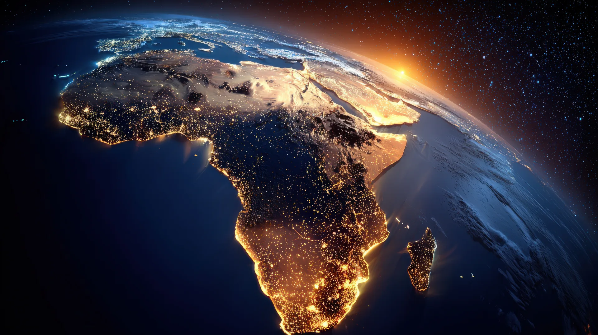 Africa continent at night from satellite view showing pan-African city lights and digital transformation vision.