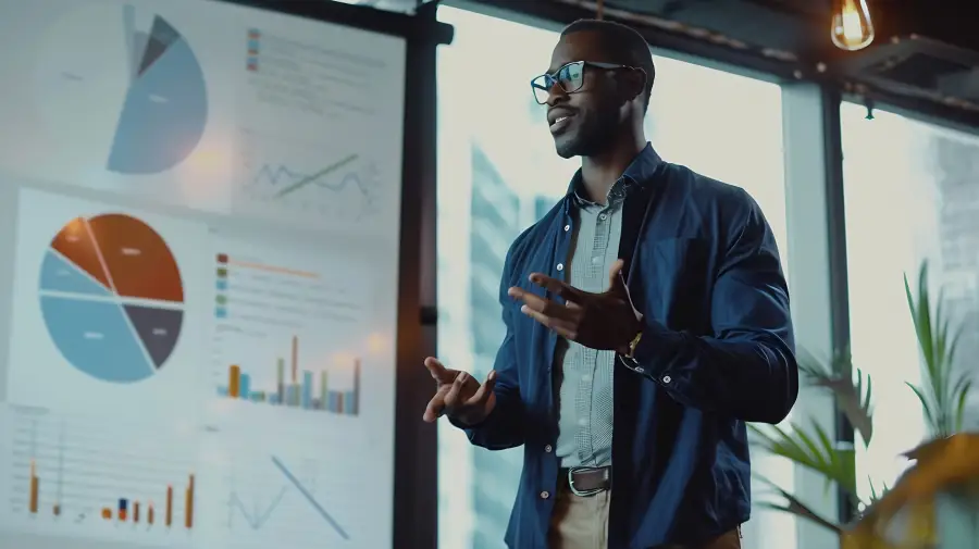 Africa business development financing meeting with analytics charts presentation for investor introductions and DFI funding.