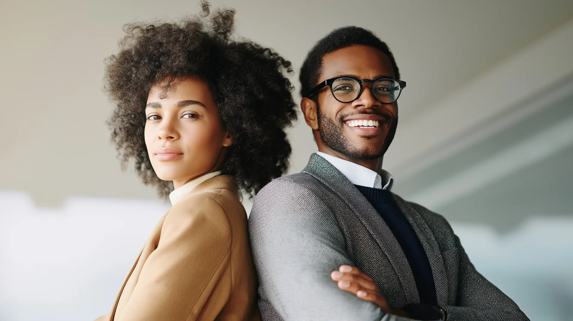 Dual-continent executive leadership represented by two confident business professionals standing back to back.
