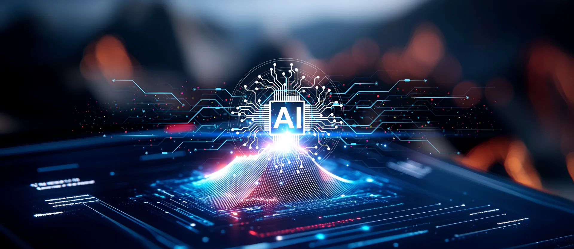 Glowing AI microchip with circuit board pathways and digital wave; representing artificial intelligence processing power.