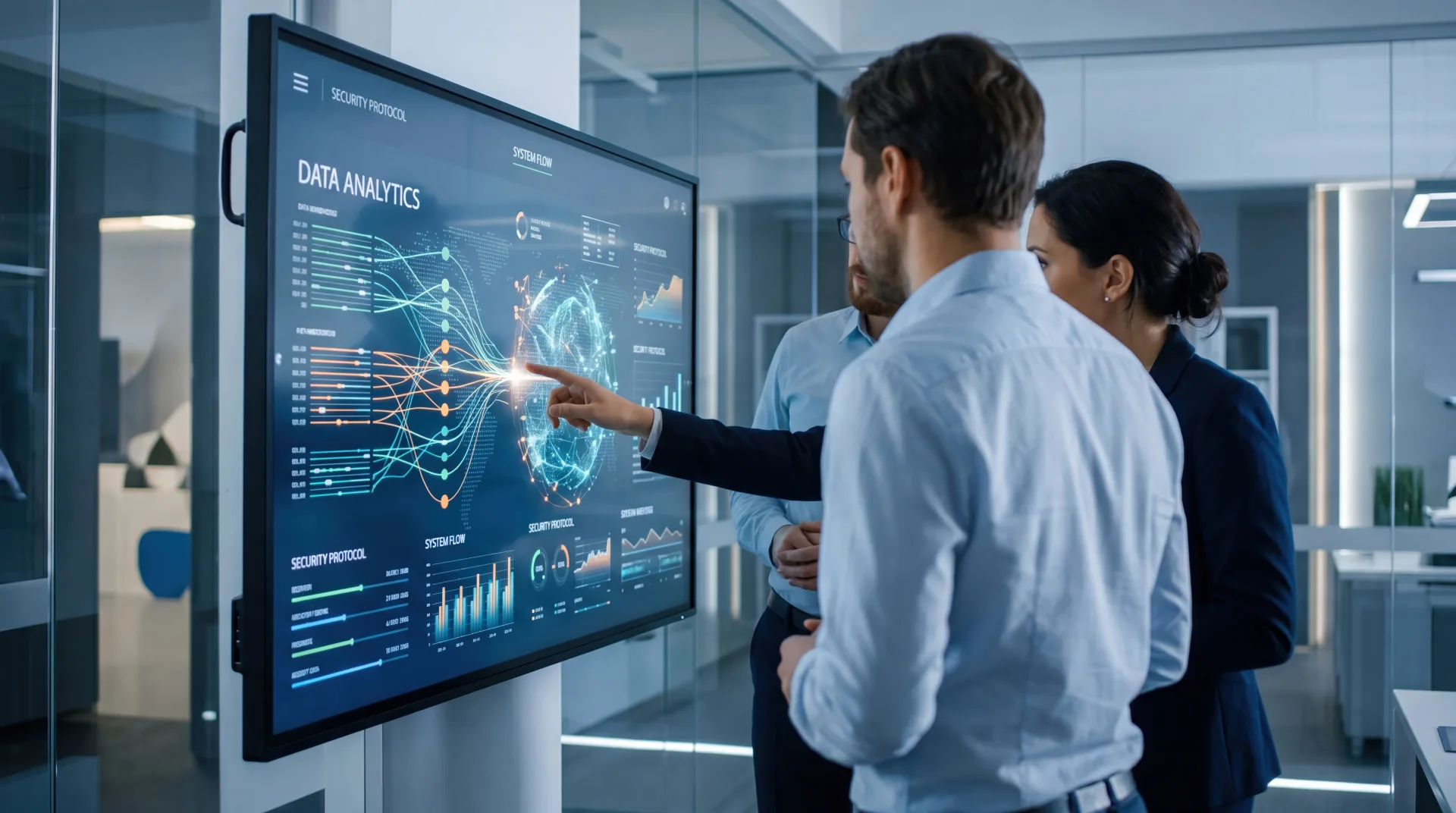 Two professionals reviewing a data analytics and security protocol dashboard on a large interactive touchscreen in a moder...