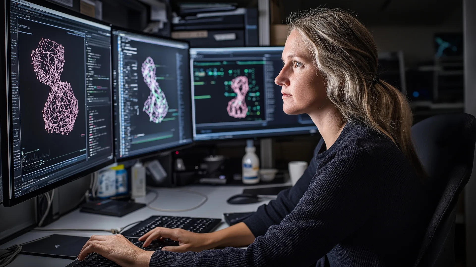 Female data scientist at multi-monitor workstation analyzing 3D network visualizations and code in a dark technical lab en...