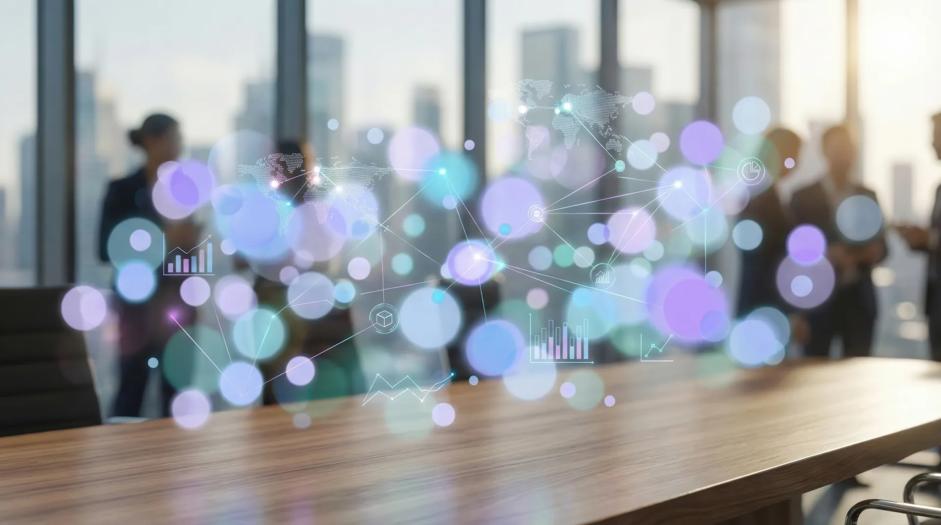 Business professionals in a modern conference room with holographic global network and data analytics overlays
