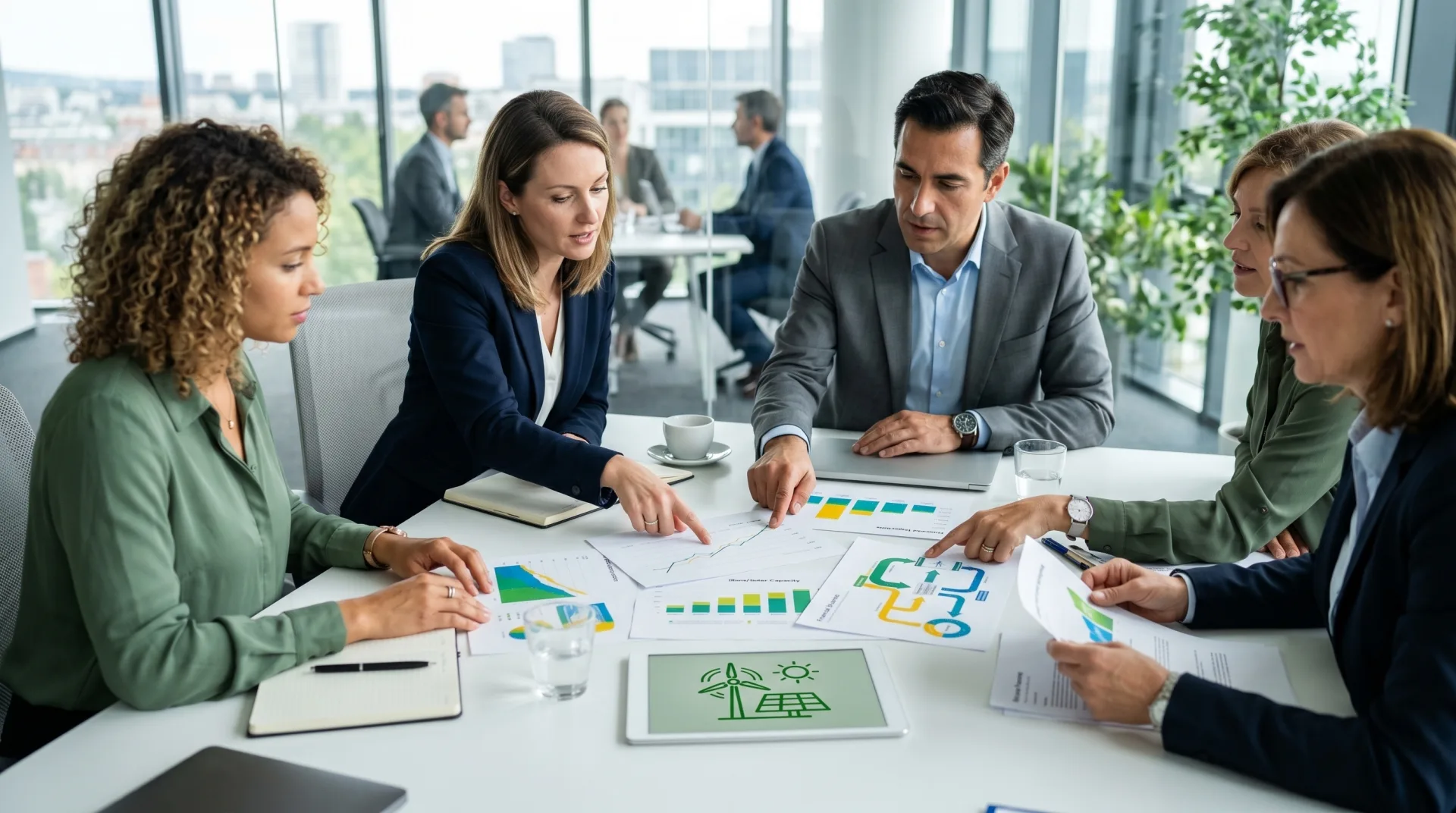Four professionals reviewing renewable energy IT charts and data reports at a modern conference table in a glass office.