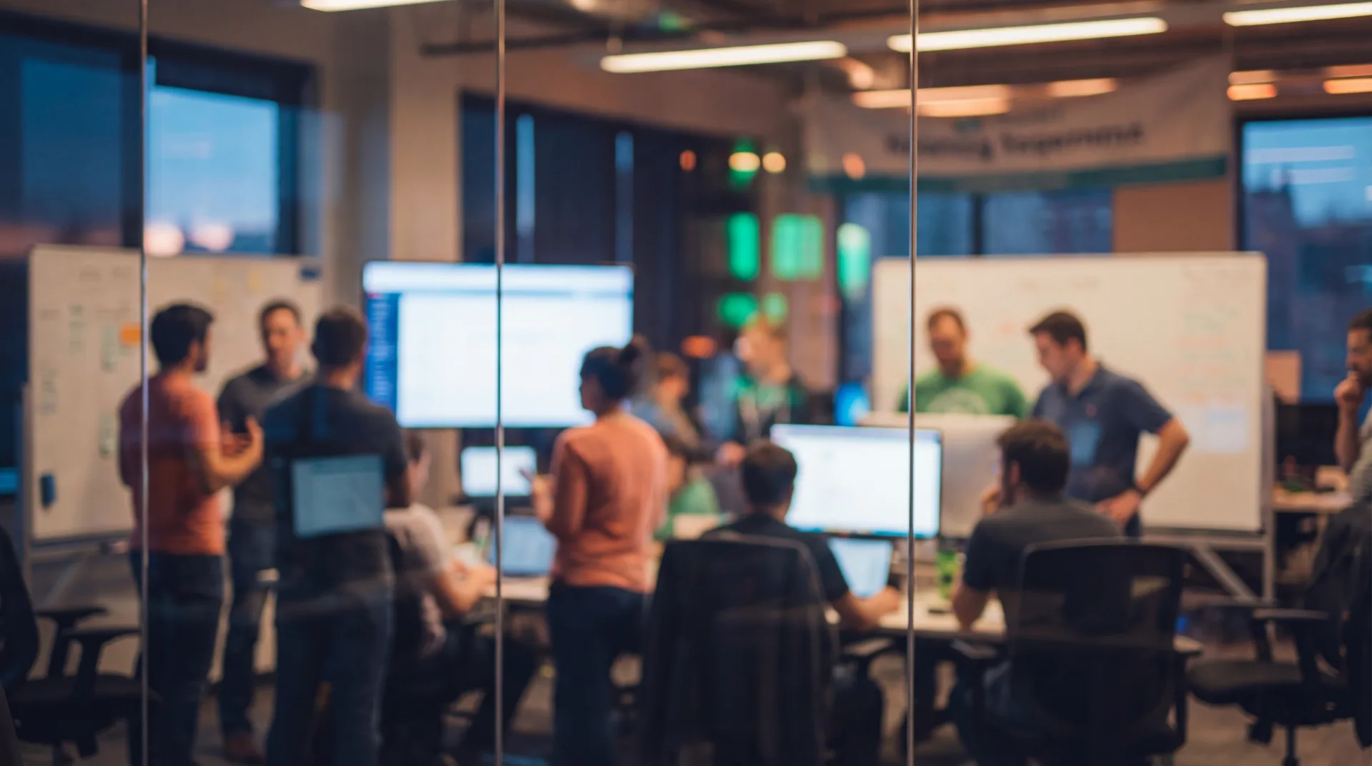 IT professionals collaborating in a modern office; working at computers and reviewing whiteboards during a team strategy s...