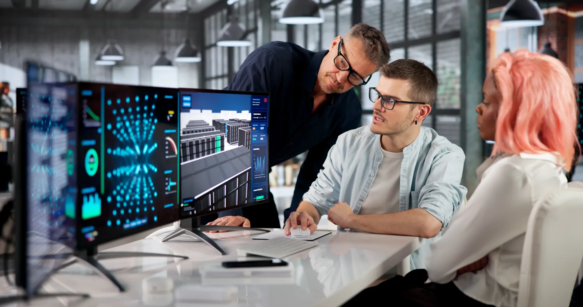 Three IT professionals collaborate at a workstation reviewing 3D data center and network analytics dashboards on dual moni...