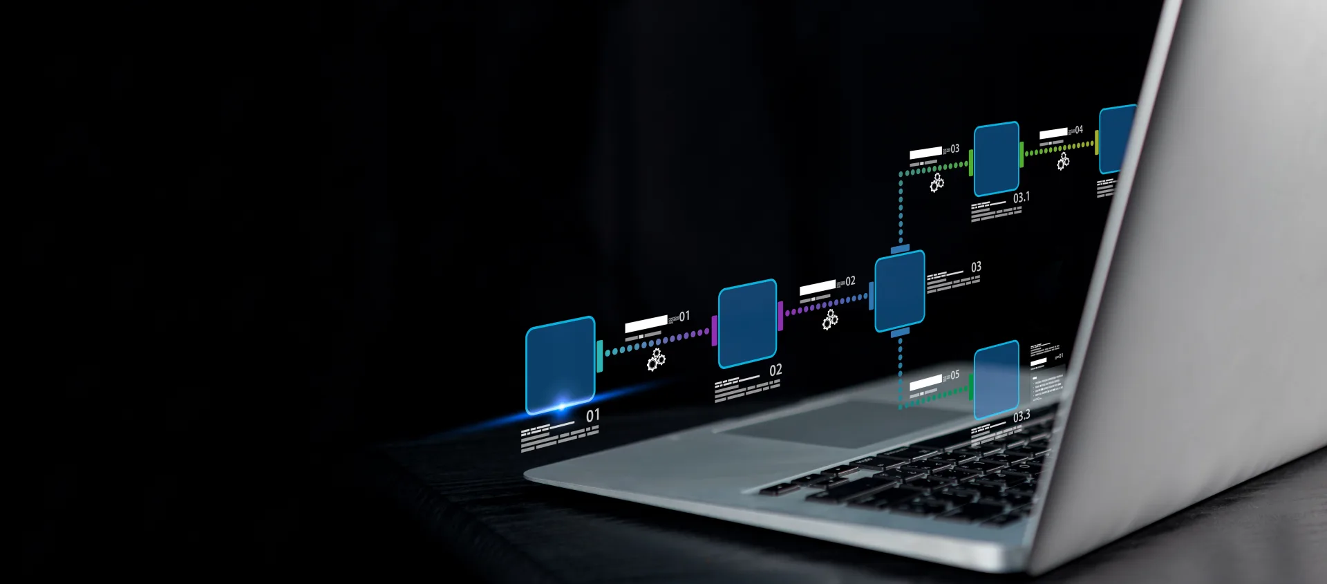 Holographic IT workflow diagram with numbered process nodes above a laptop, representing enterprise automation.