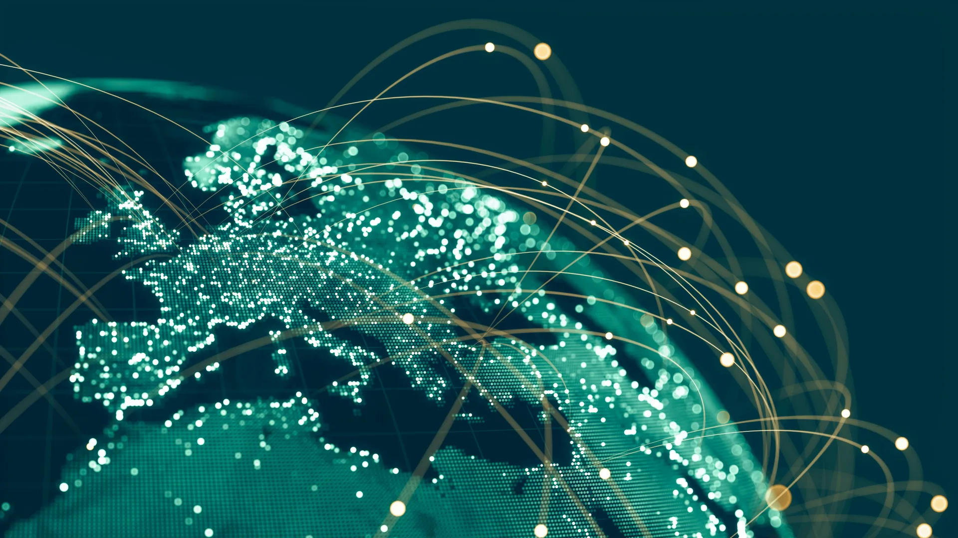 Glowing digital globe showing Europe and Africa with golden arc connections representing global enterprise IT network infr...