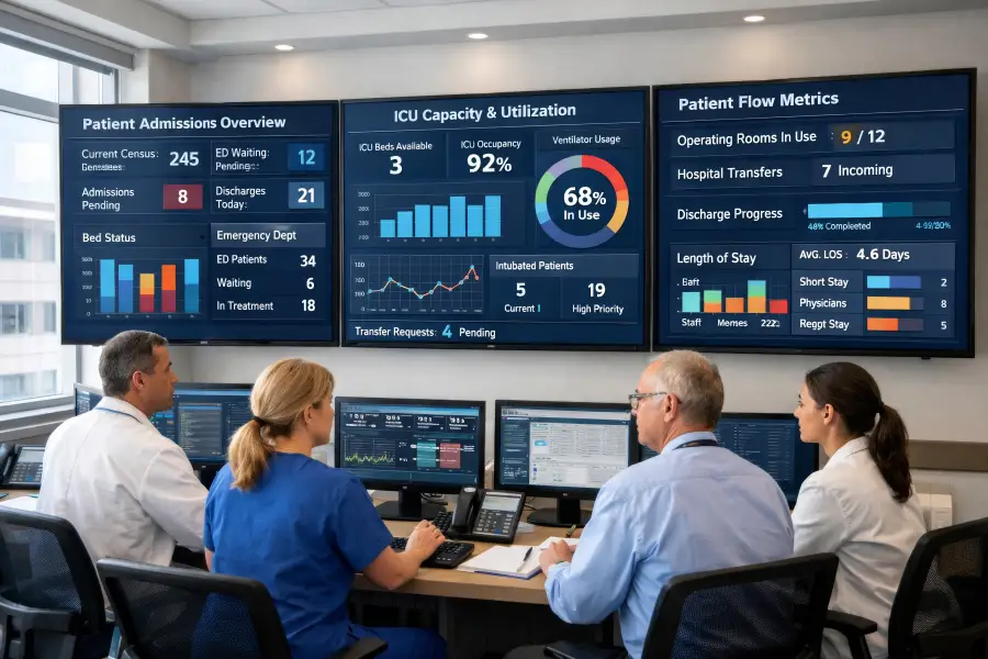 Four healthcare staff monitor real-time patient admissions; ICU capacity; and flow metrics on large wall-mounted dashboard...