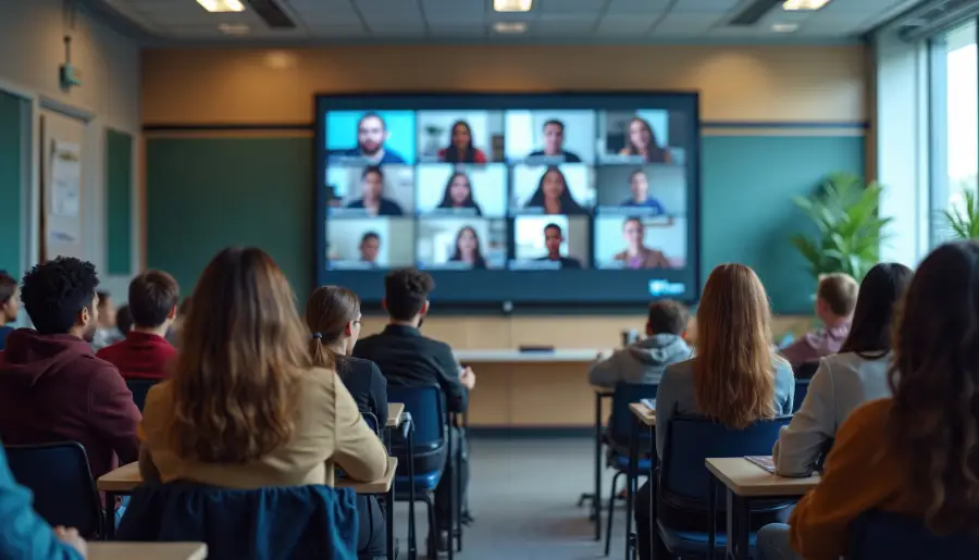 Students in a classroom attend a hybrid video conference session displayed on a large screen showing remote participants.