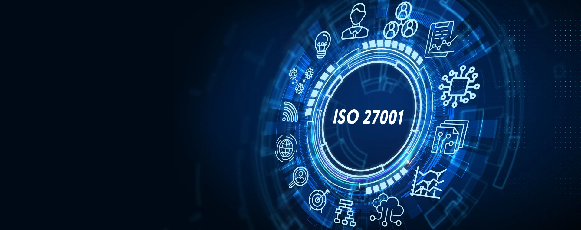 Glowing digital circle displaying ISO 27001 standard surrounded by cybersecurity and IT management icons on dark blue back...