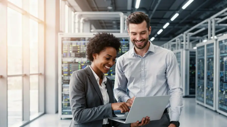 Two IT professionals smile while reviewing data on a laptop inside a modern enterprise server room.