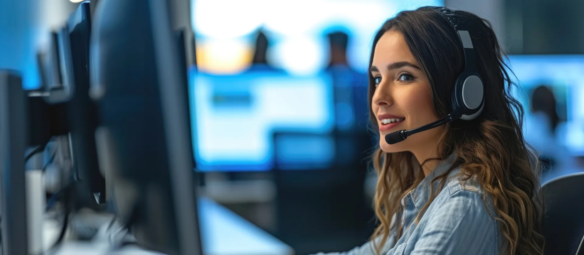 IT support specialist wearing a headset smiles while working at a multi-monitor workstation in a modern operations center.