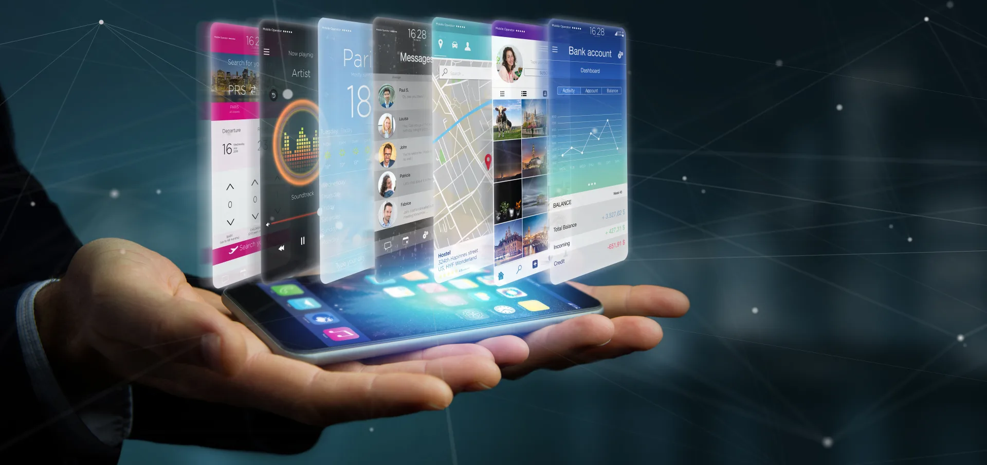 Hand holding smartphone projecting multiple enterprise mobile app interfaces including banking; messaging; maps; and trave...