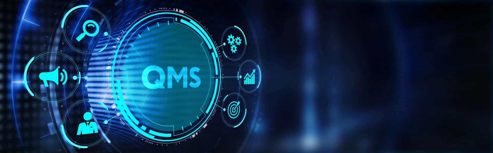 Glowing digital QMS interface ringed by icons for search, analytics, goals, gears and personnel on a dark blue background.