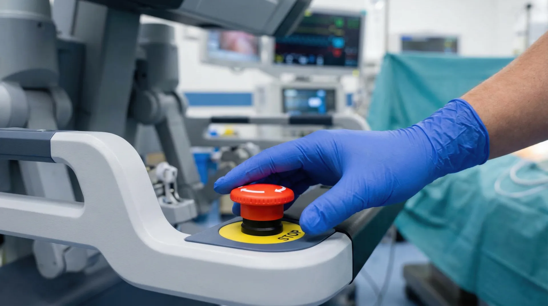 Gloved hand pressing red emergency stop button on robotic surgical system in an operating room.