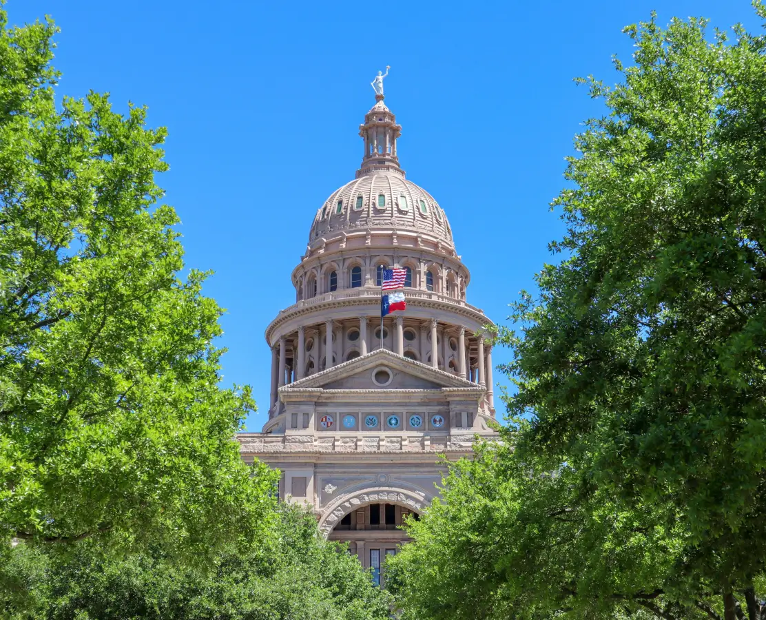 Texas State Capitol dome in Austin framed by green trees; with US and Texas flags flying under a clear blue sky.