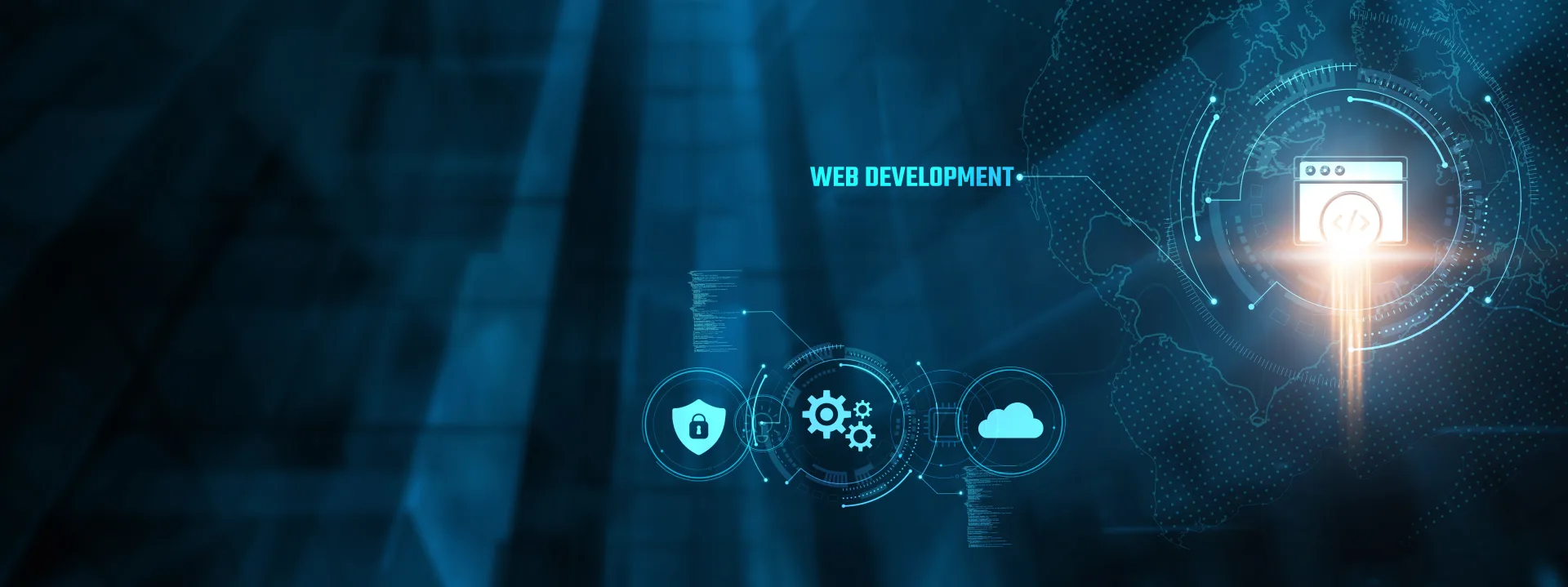 Futuristic web development interface with security; cloud; and gear icons on a dark blue digital background.