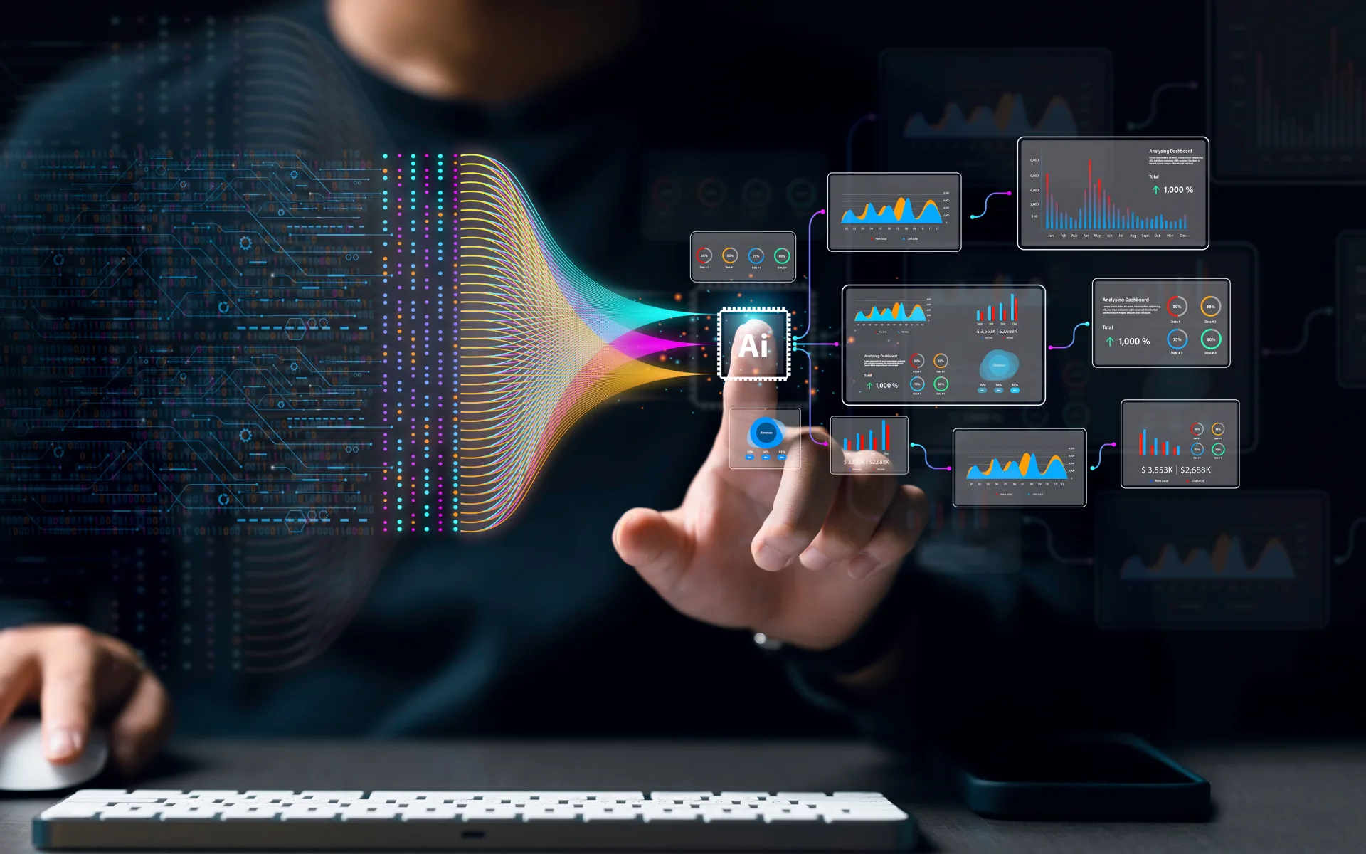 Professional interacting with AI chip interface generating multiple data analytics dashboards in a dark digital environment.