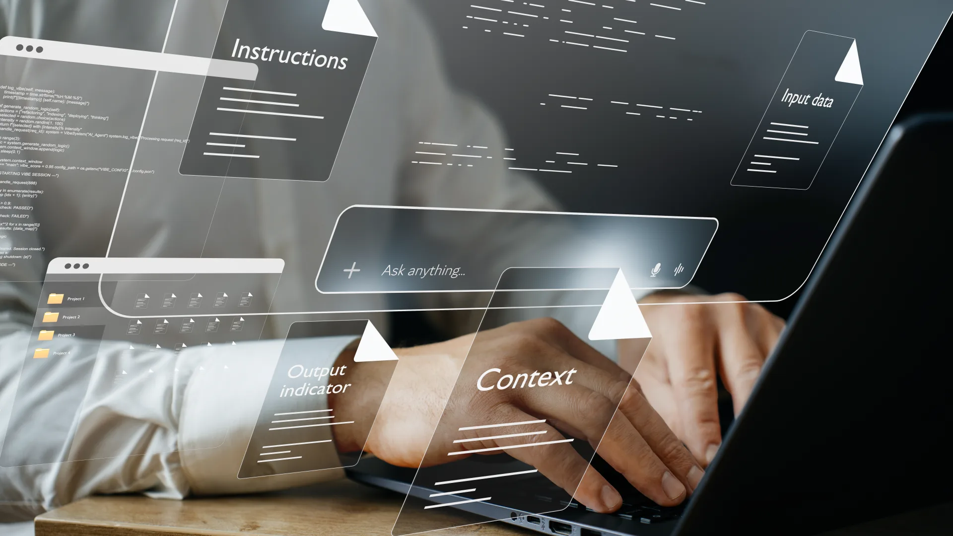 Professional typing on laptop surrounded by floating AI prompt interface elements: instructions; context; input data; and output indicators.