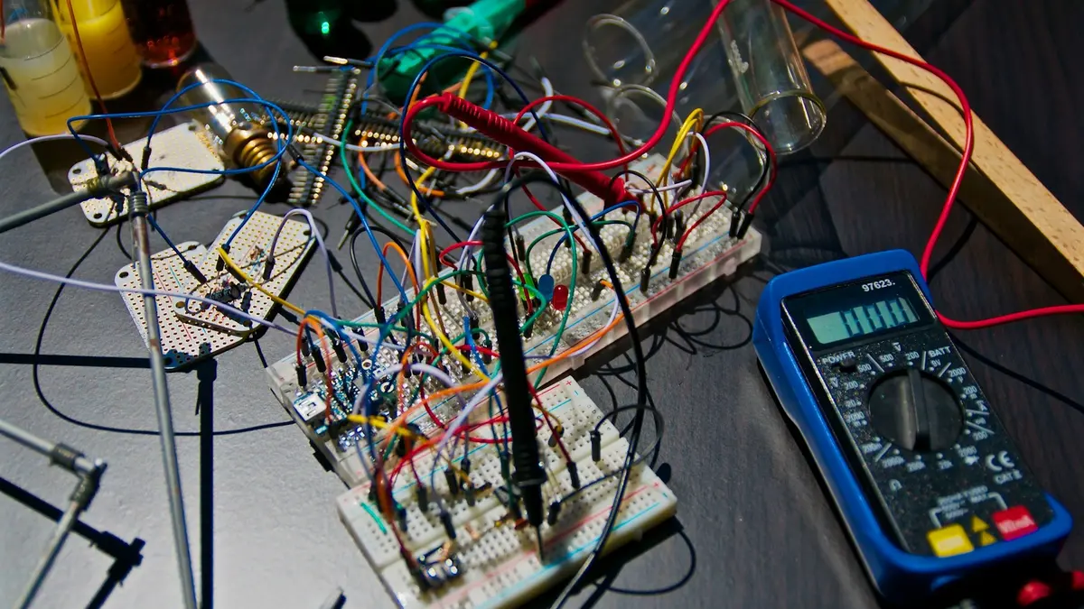 A breadboard prototype crowded with tangled coloured jumper wires, with a multimeter beside it.