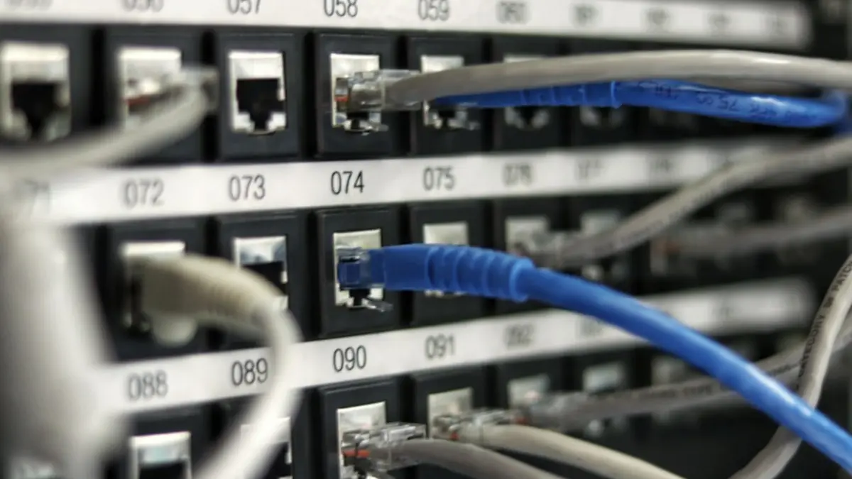 A network patch panel of numbered ports with grey and blue cables plugged into it.
