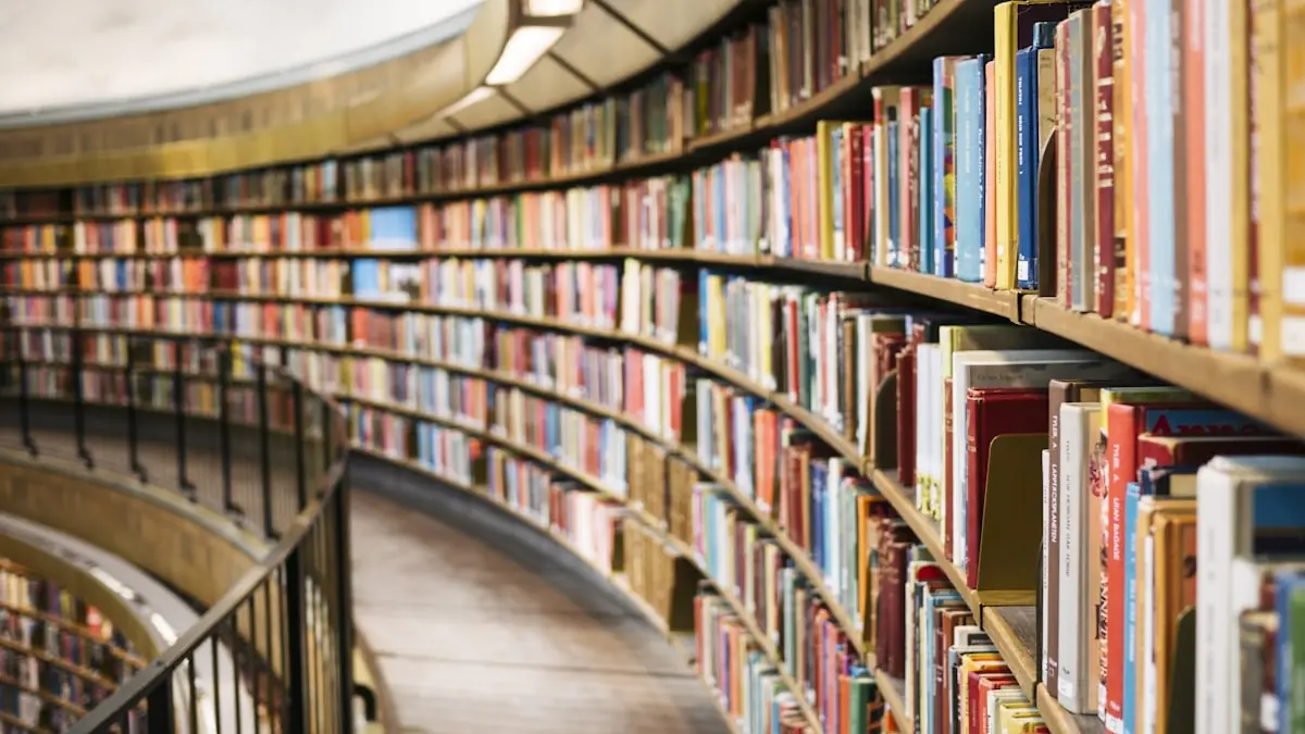 Curved shelves of a multi-level library filled with bound volumes.