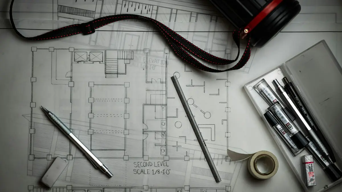 Rolled architectural floor plans on a desk beside a pen, a scale rule and drafting tools.