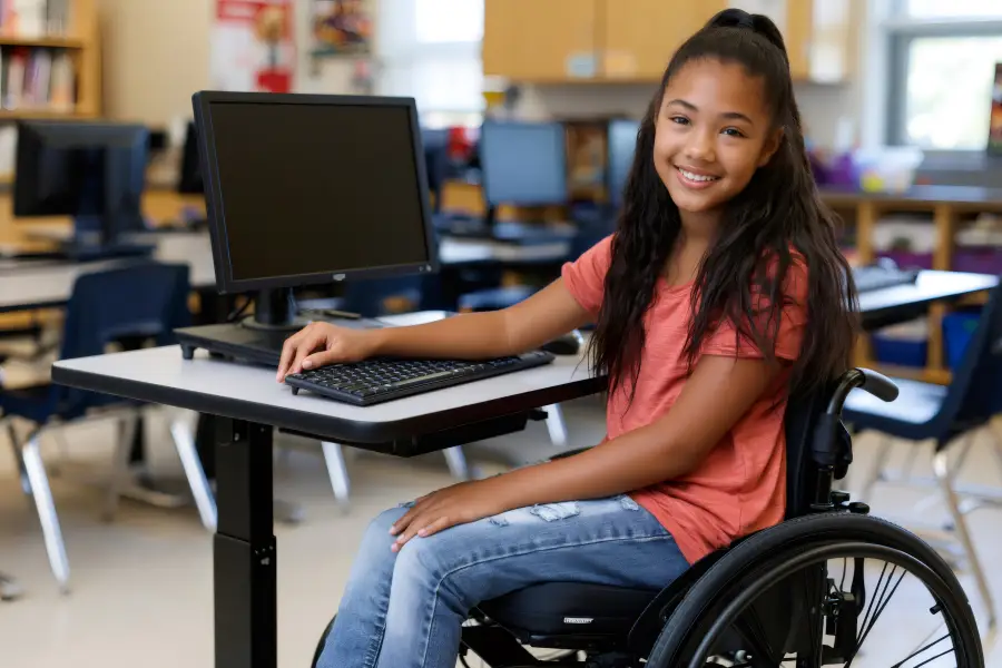 Smiling middle school student in a wheelchair uses a desktop computer at an accessible desk in a K-12 classroom.