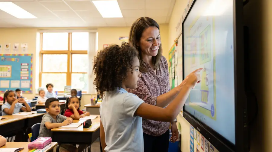 A teacher guides a young student using a touchscreen interactive whiteboard while classmates watch from their desks.