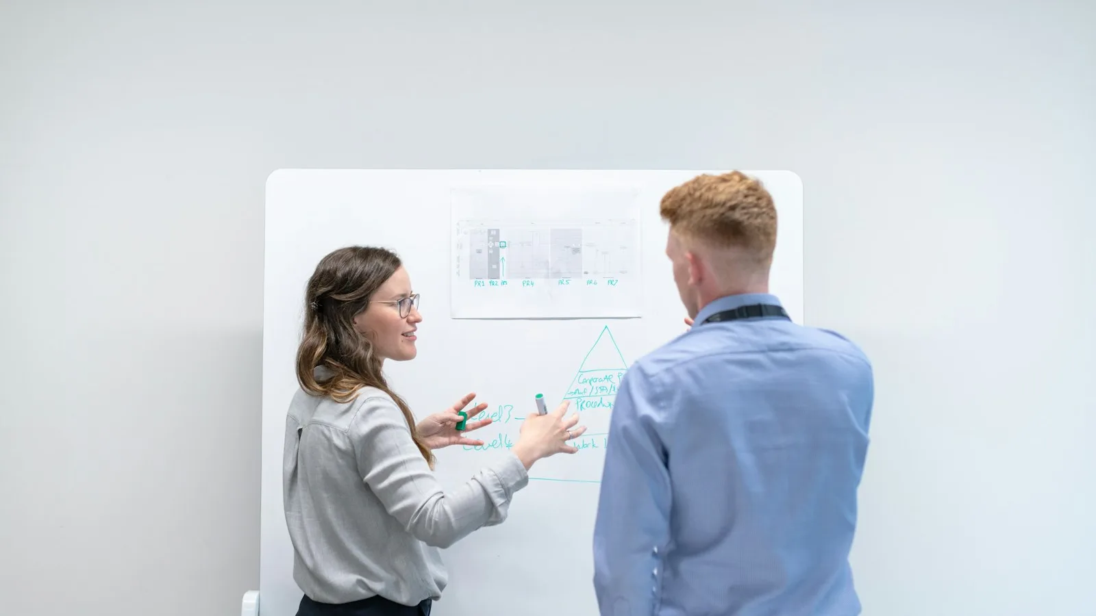 Two colleagues at a whiteboard working through a process framework diagram.