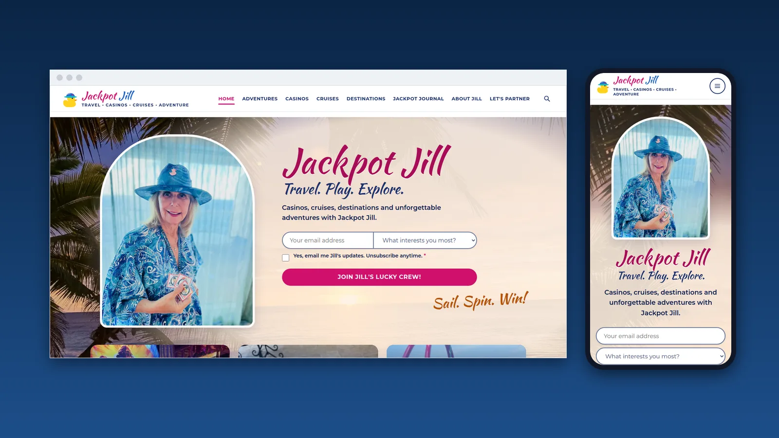 Jackpot Jill website homepage shown in a desktop browser and on a mobile phone