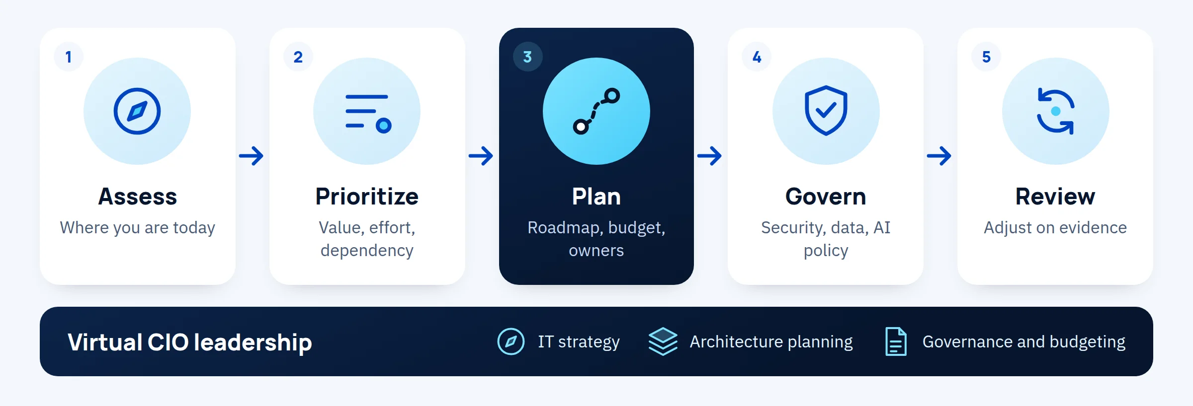 Virtual CIO and technology roadmap in five steps: assess, prioritize, plan, govern, then review.