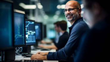 Programmer working with computers in office of data center