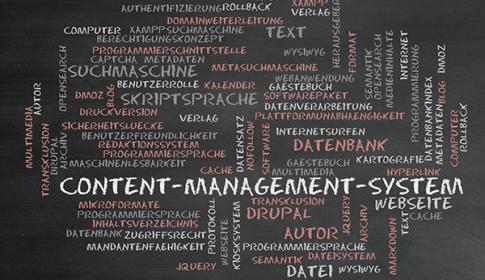 Content management system and Drupal words on a blackboard